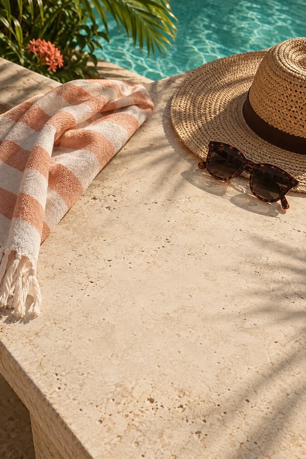 Une table au bord de la piscine, scène d’ambiance Soltrava