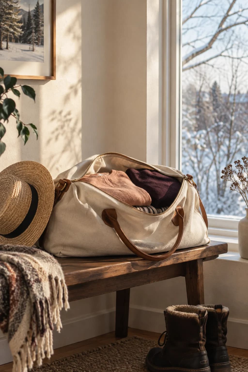 Un sac de voyage prêt près d’une fenêtre donnant sur l’hiver, scène d’ambiance Soltrava.